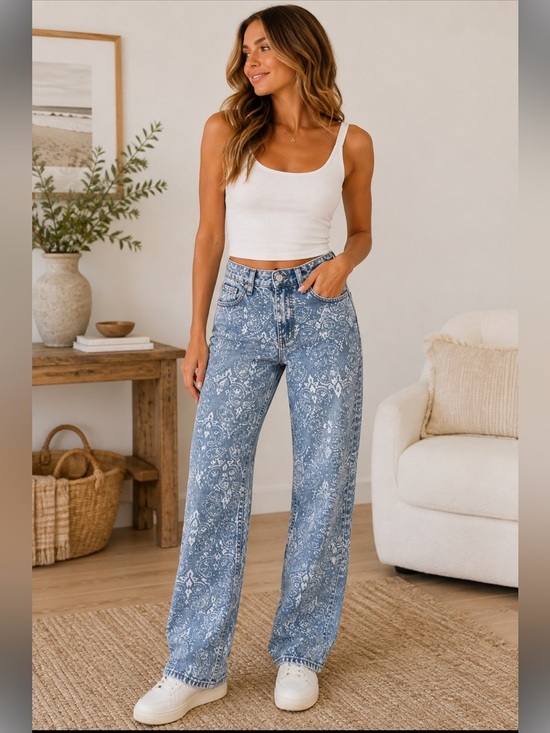 Simple Society Denim - Simple Society Size 1/25 Blue Paisley Print Straight Leg Jeans